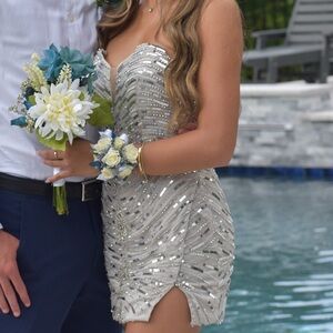 Aleta Silver Sequin Strapless Homecoming dress
